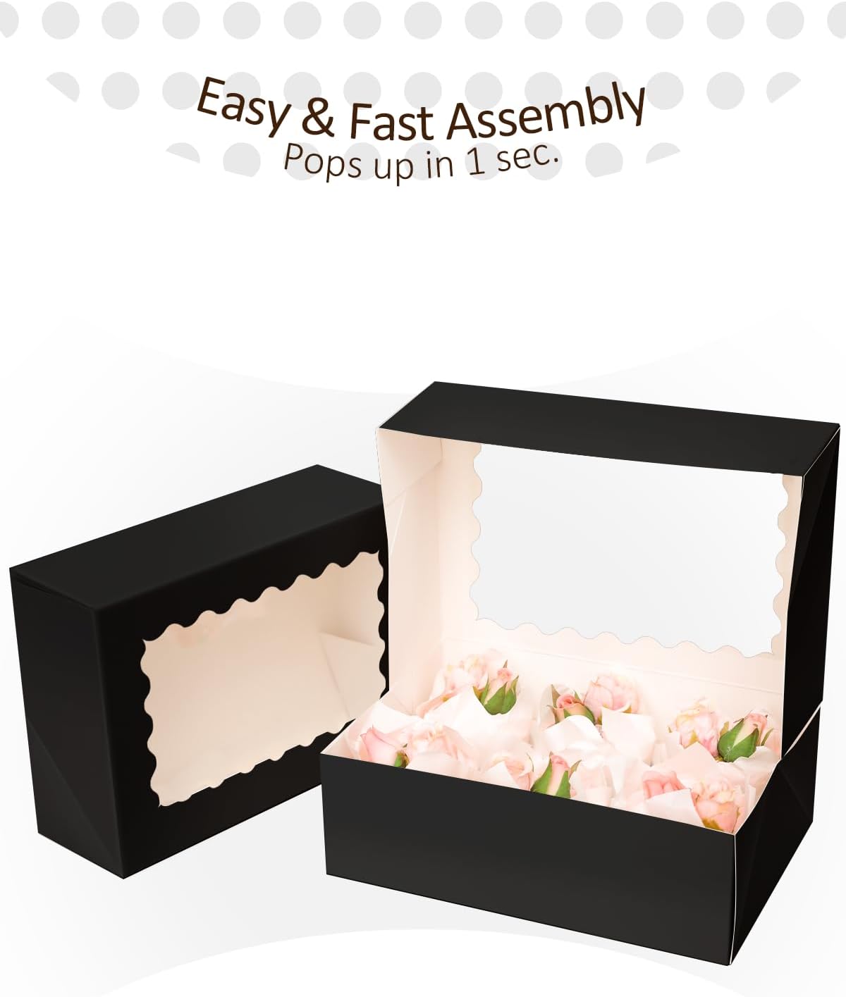 qiqee Black 6 Cupcake Boxes with Window Auto-pop up 30 Packs Cupcake Box 9"x6.1"x3.3" Bakery Boxes For Cupcakes Carrier, Cupcake Containers