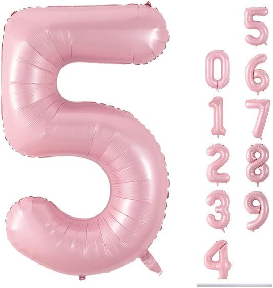 Light Pink Balloon Number 5, 40 Inch Large Self Inflating Foil Number Balloons 0-9, Pastel Pink Digital 5 Helium Balloon for 5th Girls Women Birthday Party Graduation Anniversary Decorations