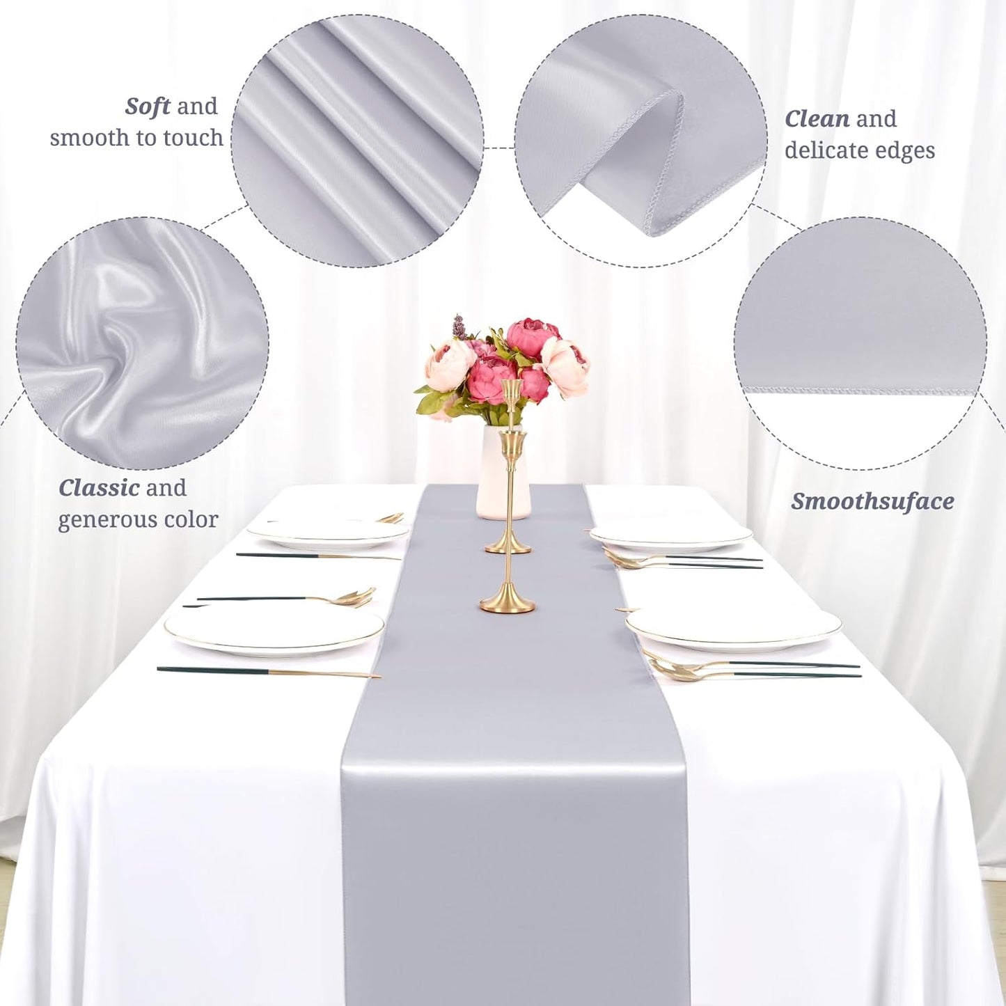 12 Pack Silver Satin Table Runner,12 x 108 inch Long Premium Smooth Table Runner for Wedding, Banquets, Birthday, Party, Graduation, Engagements, Table Runners fit Rectangle and Round Table