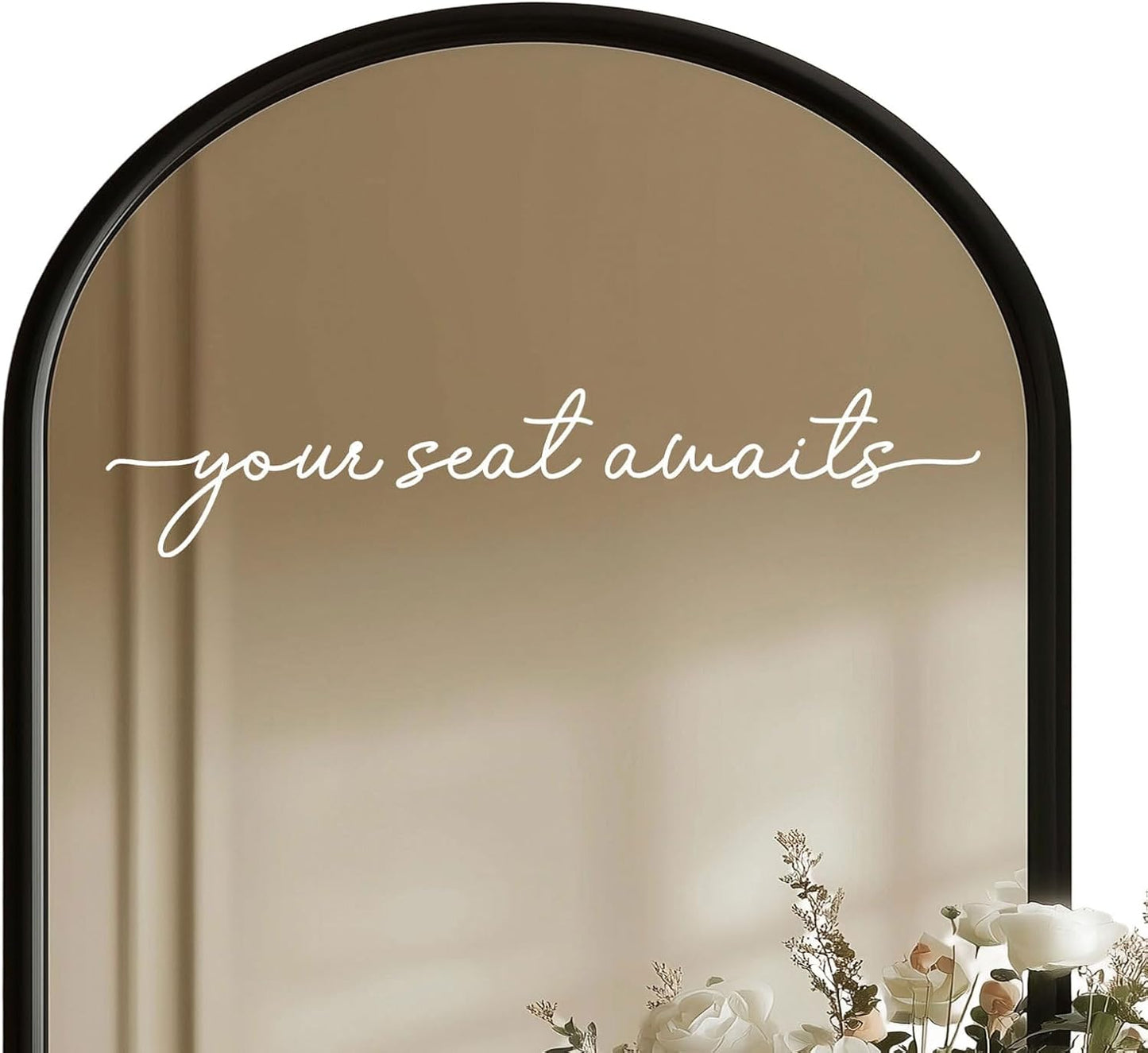 Your Seat Awaits Vinyl Decal, Wedding Seating Sticker, Mirror Decal for Seating, Please Find Your Seat Signs, Wedding Decor Sign (White, Width 20")