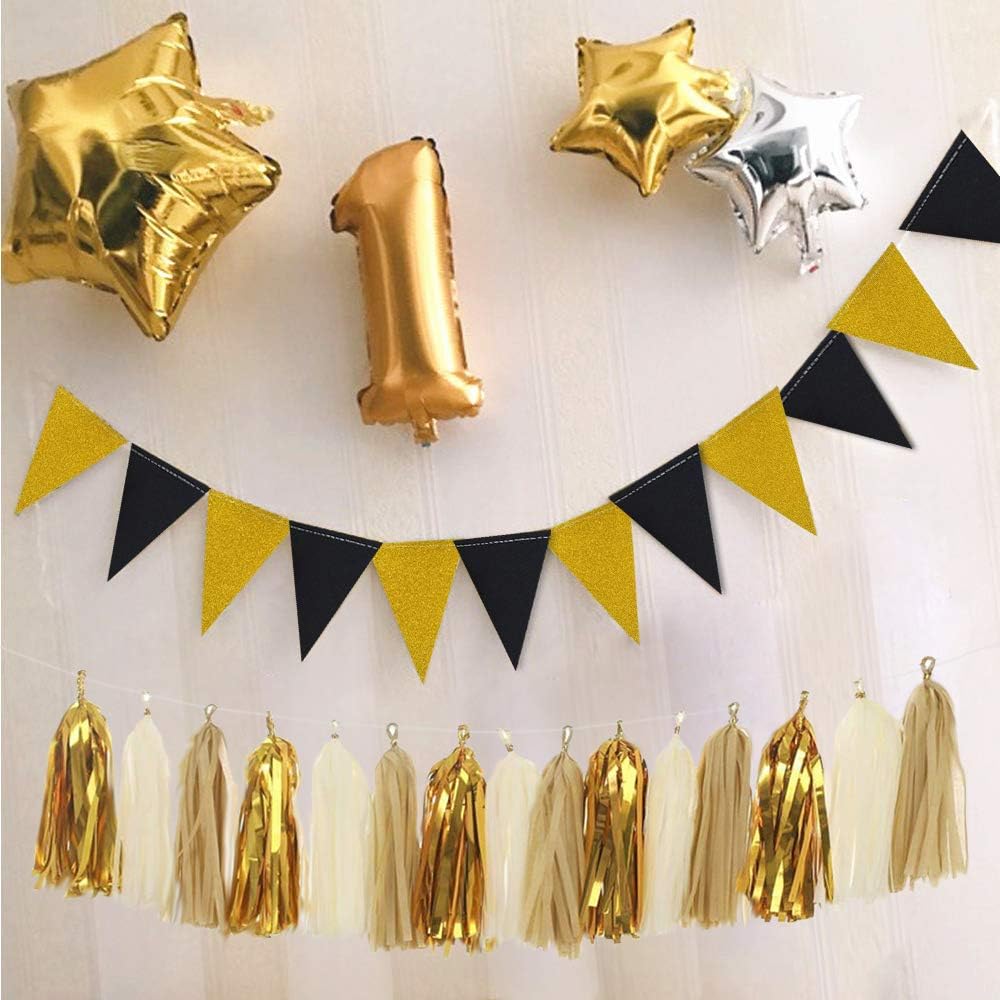 MerryNine Triangle Flag Bunting Banner, 3 Pack 30 Feet Vintage Style Pennant Banner for Wedding, Baby Shower, Event & Party Supplies 45pcs Flags (Triangle Flag - Black Gold Glitter)
