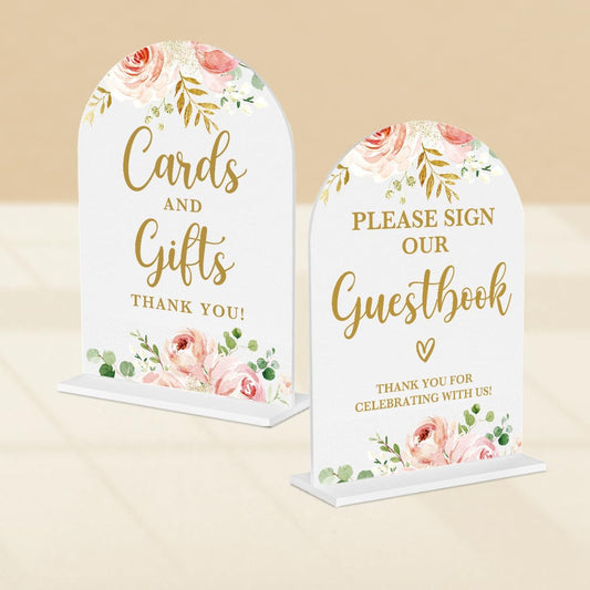 2 Pcs Acrylic Wedding Signs for Reception, Bridal Shower Decorations, Cards and Gifts Signs, Guest Book Sign, Arch Acrylic Table Top Sign with Holder for Wedding Reception (White Pink Flowers)