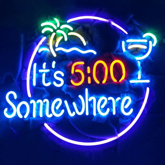 LiQi ™ It's 5:00 Somewhere Real Glass Neon Light Sign Home Bar Pub Recreation Room Game Room Windows Garage Wall Sign (17"×14" Large)