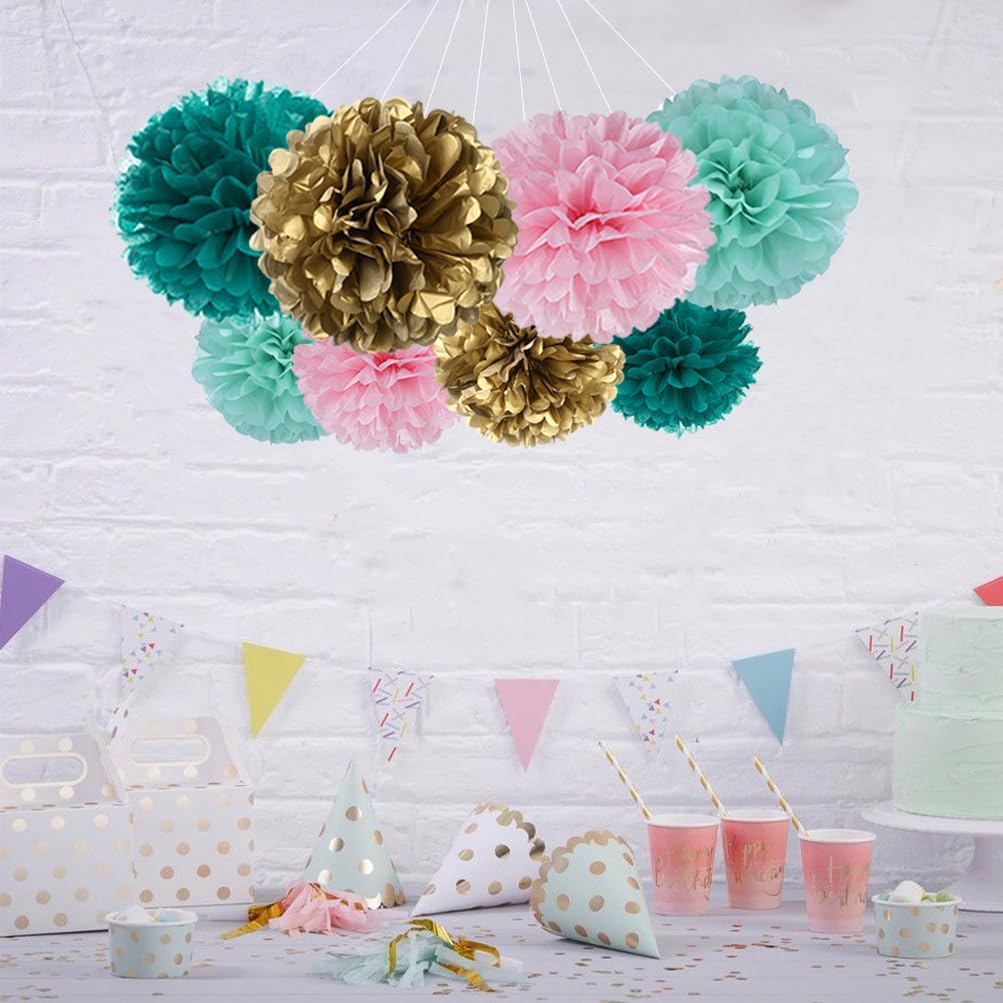 Gold Teal Mint and Pink Paper Flower Tissue Pom Poms for Baby Shower Birthday Wedding Theme Party, 16pc