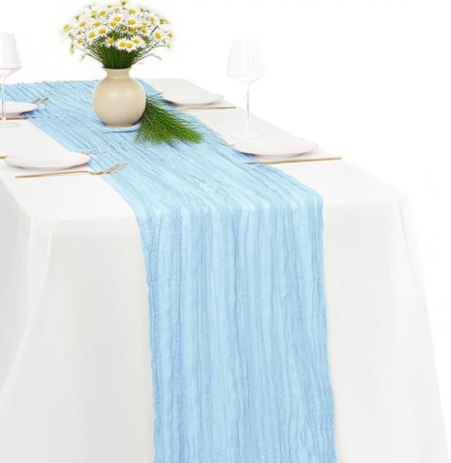 Baby Blue Cheesecloth Table Runner -21*120Inch Long Boho Wedding Table Decor, Rustic Gauze Fabric Runner for Bridal Showers, Baby Showers & Parties (Sheer, Lightweight, Wrinkled Design)
