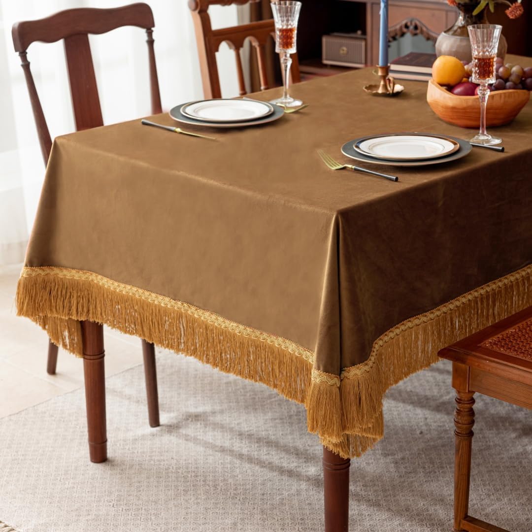 F-CHU Luxury Camel Tablecloth Thickset Velvet Tablecloth with Beautiful Gold Tassels Vintage Table Cloth for Home Decor Wedding, Party, Banquet and Events 67x120-Inch