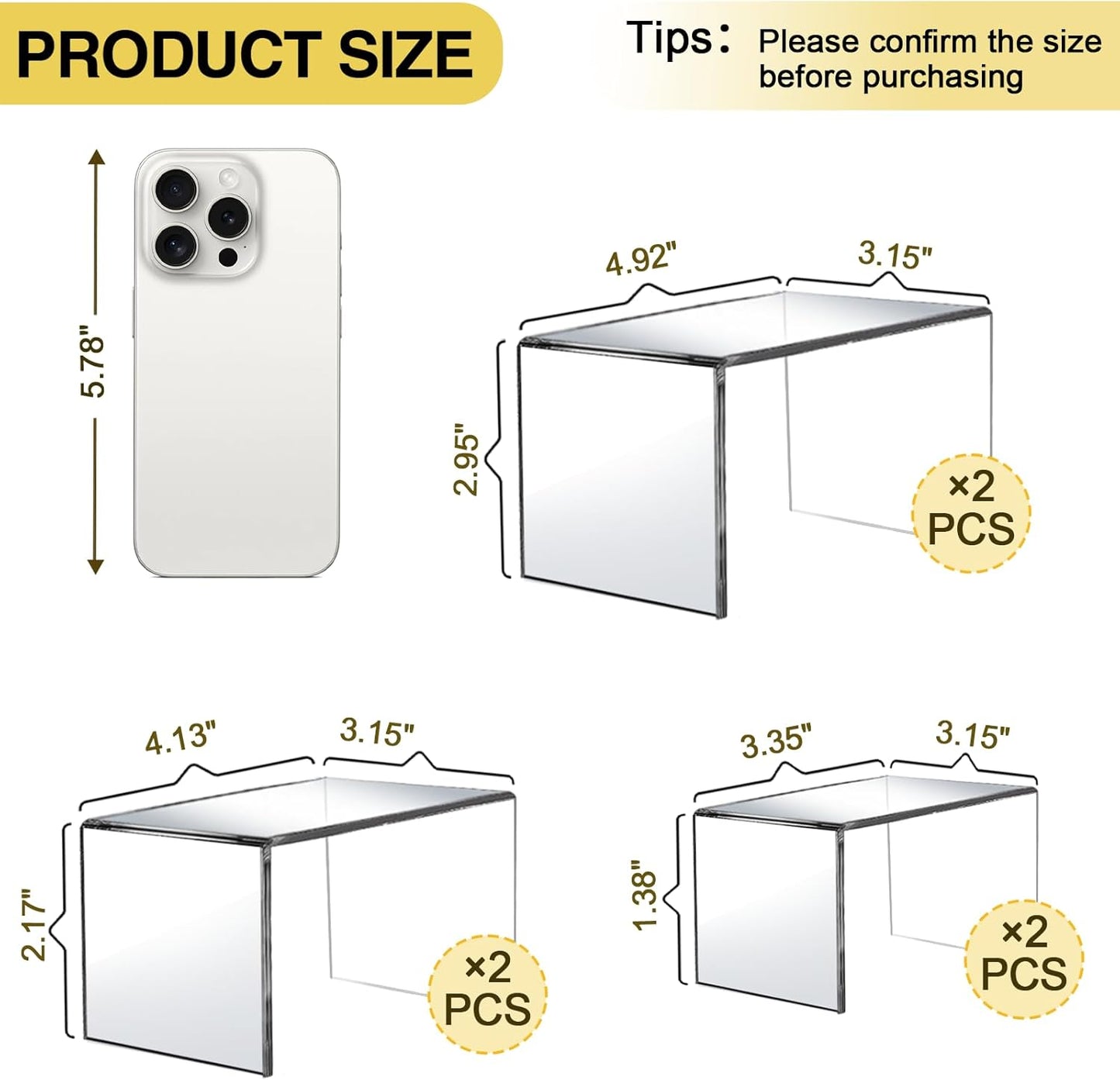 6 Pcs Acrylic Display Risers, 2 Sets Small Size Clear Shelf Riser, 0.15" Thick Acrylic Risers Display Stands, Clear Risers for Dessert, Cupcake, Candy, Figure Jewelry Showcase