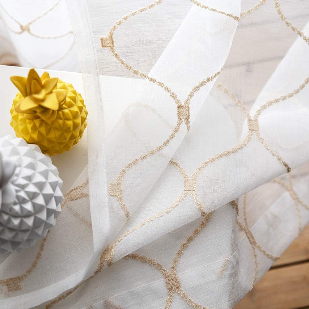 Embroidered Wave Diamond Sheer Curtains Gold 63 Inch Length, Rod Pocket Voile Drapes for Living room, Bedroom, Window Treatments Semi Curtain Panels for Yard, Patio, Villa, Parlor, Set of 2, 52"x 63".