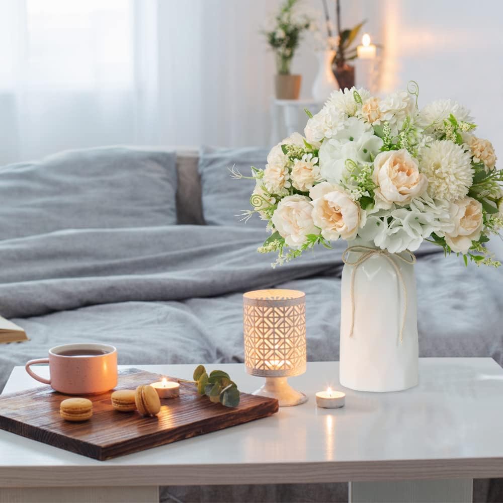 LESING Artificial Peony with Vase Silk Flowers Bouquets Fake Hydrangea Bulks for Home Table Centerpieces Wedding Decoration(White-1)