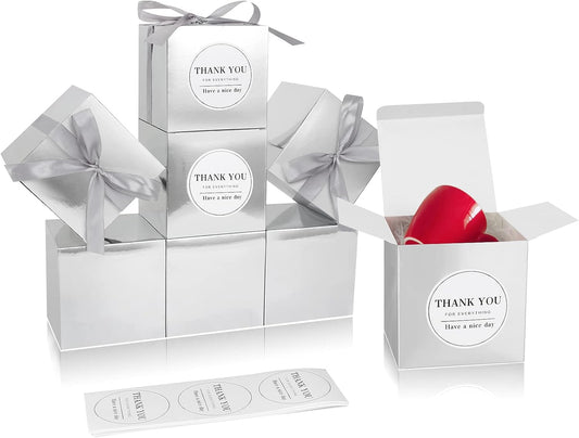 COTOPHER Small Gift Boxes 60 Pack 4x4x4 inches Silver Gift Boxes with Lids for Gifts, Crafting, Wedding Party Favor, Cupcake Boxes, Candy, Bridesmaids Proposal Box with Ribbons and Stickers (Metallic