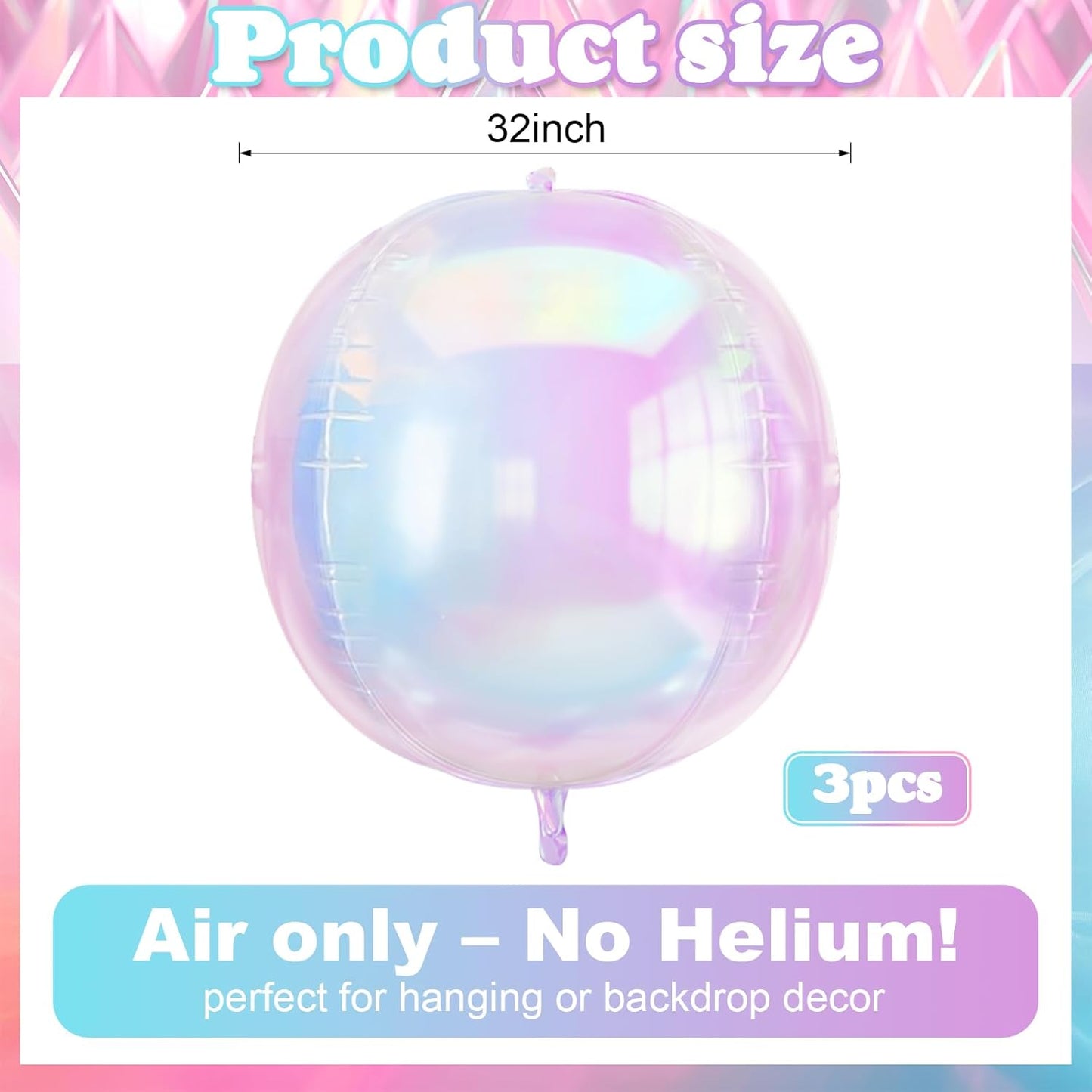 3Pcs Iridescent 4D Balloons, 32in Holographic Round Ball Balloon, Giant 4D Clear Rainbow Foil Balloon for Birthday Baby Shower Mermaid Rainbow Wedding Party Decorations