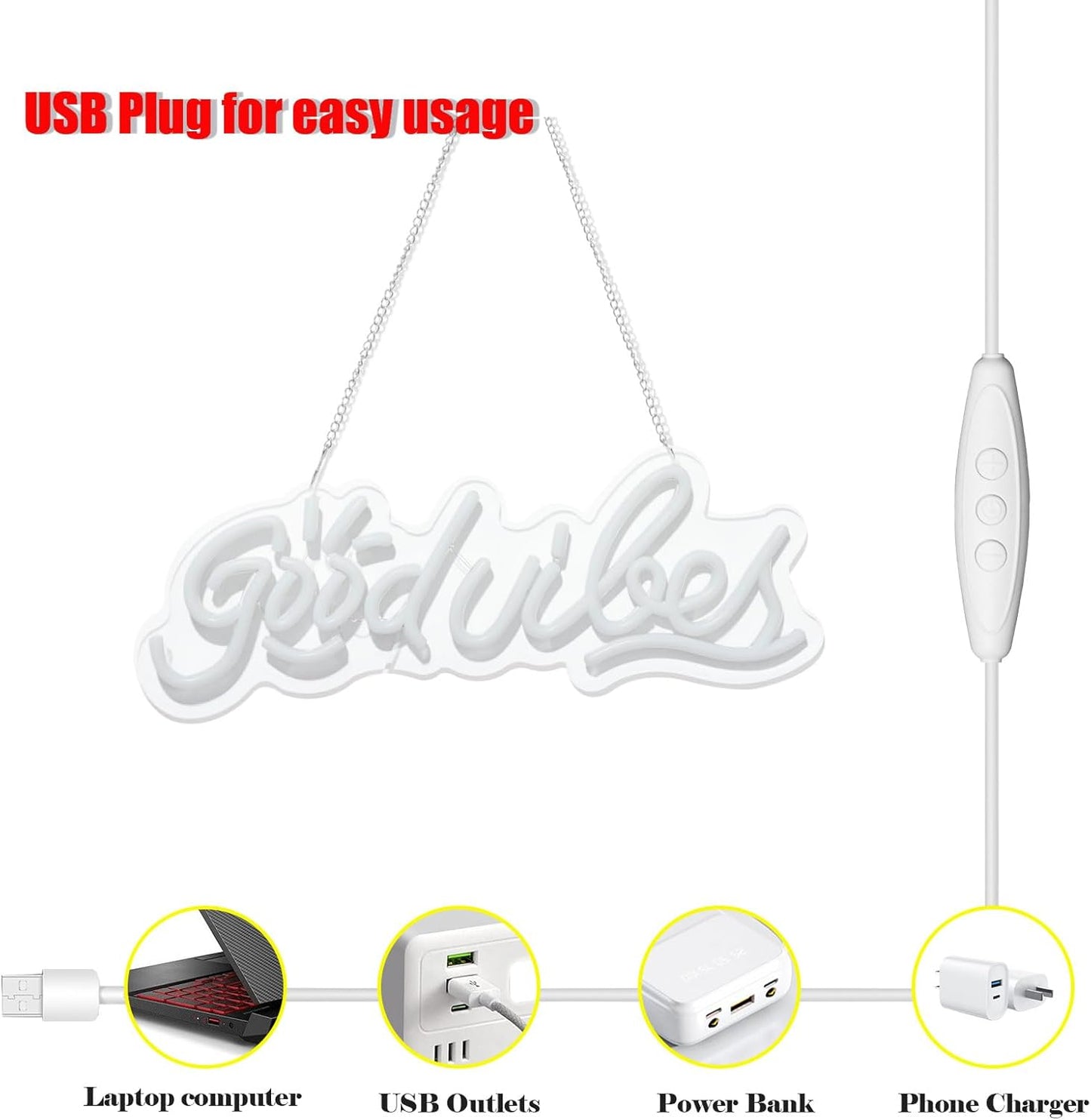 good vibes only neon sign for Backdrop wall decor,Cool White LED Neon vibes Sign, dimmable and USB powered,good vibes light up sign for gifts,party,club,Kids,Adults, vibe signs size:15.75 * 5.98In