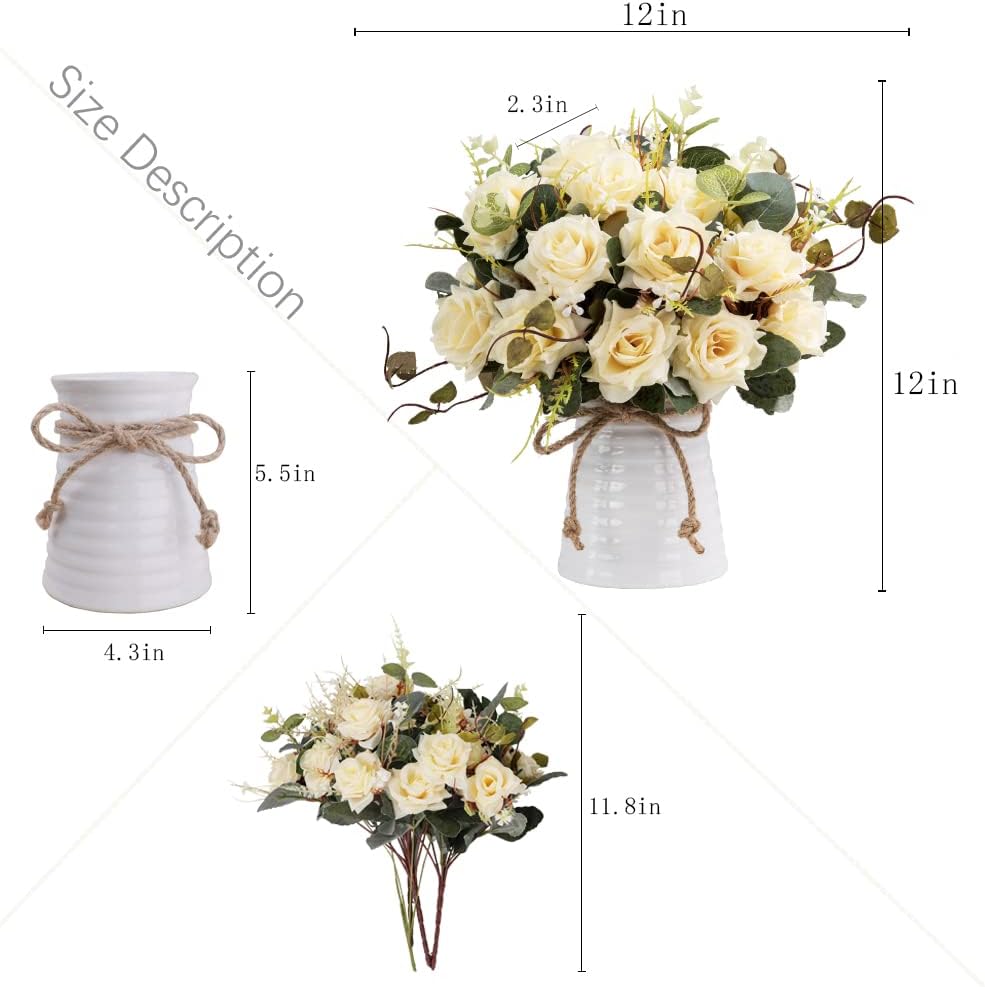 LESING Artificial Rose with Vase, Fake Silk Flowers Bouquets in Vase Table Centerpiece Arrangement for Kitchen Living Room(Champagne-1)