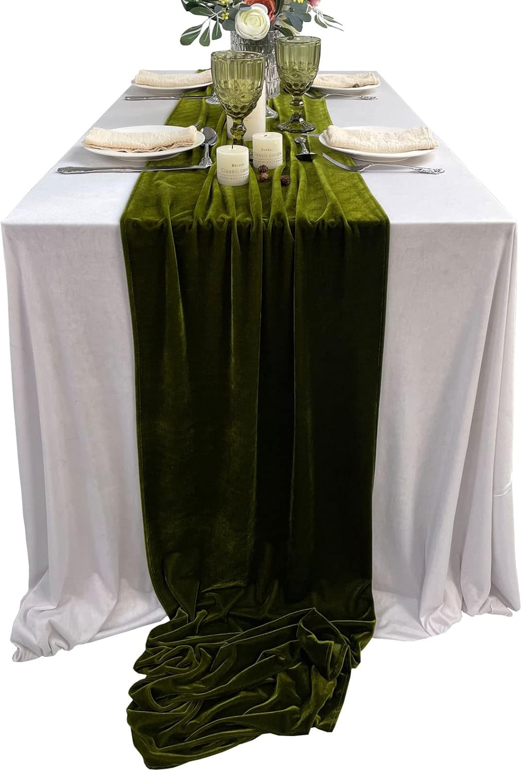 Luxurious Velvet Table Runner, 10ft Wedding Reception Decorations, 20x120inch Soft Velvet Fabric, Table Linen Overlay, Wedding Table Runners (Olive Green, 20X120inch)