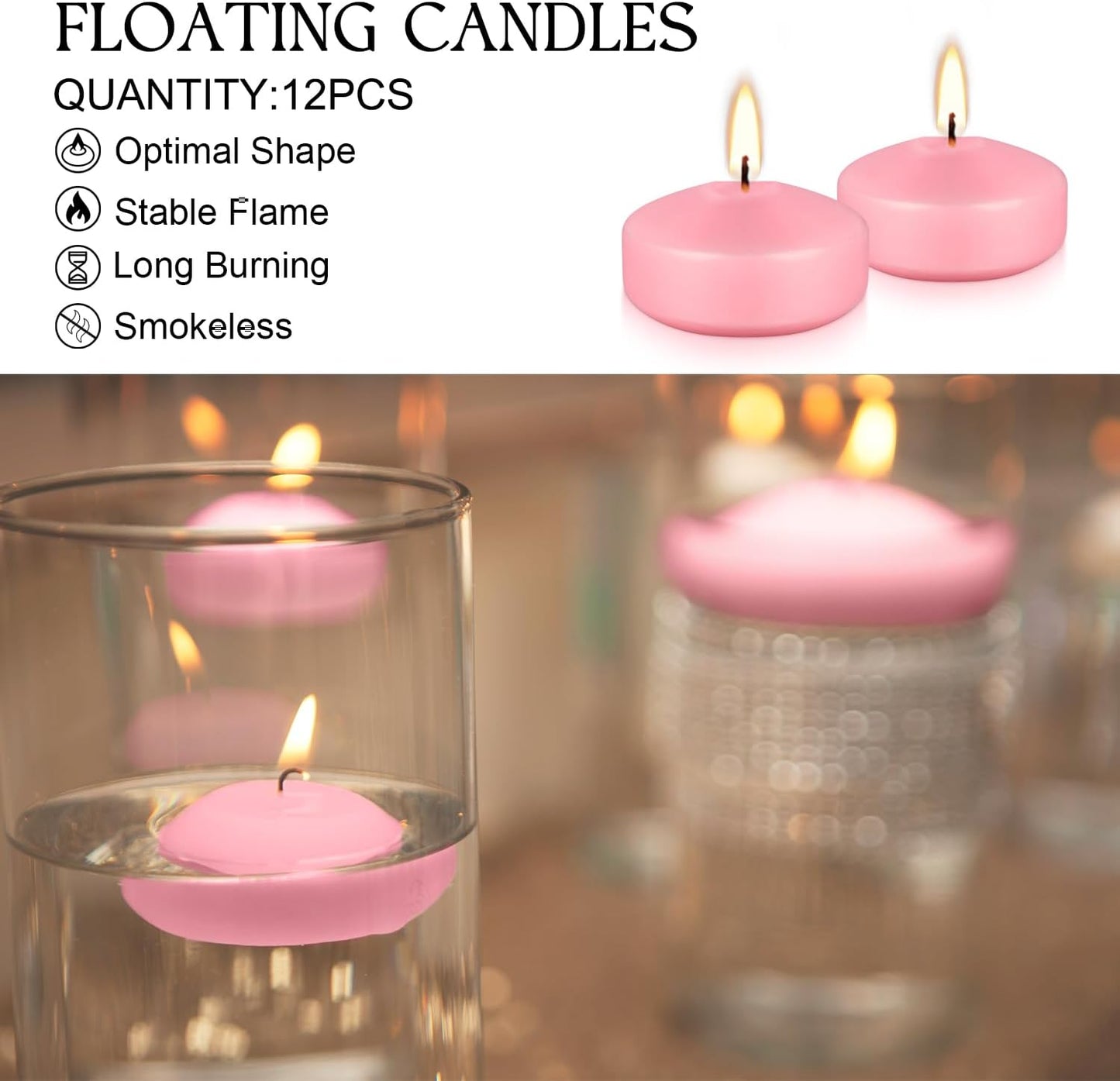 12 pcs 2-inch Floating Candles, Pink, smokeless and unscented, Burns continuously for 5-6 Hours, be Good for Holidays, Weddings, Vacations, and Home décor