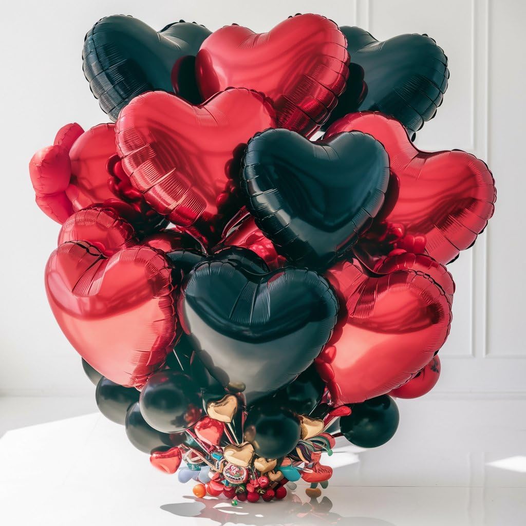 Red Black Heart Balloons, 18 Inch Red and Black Heart Shape Balloon, 12PCS Black Red Helium Foil Love Heart Balloon for Birthday Bridal Shower Engagement Wedding Valentine Party Decorations
