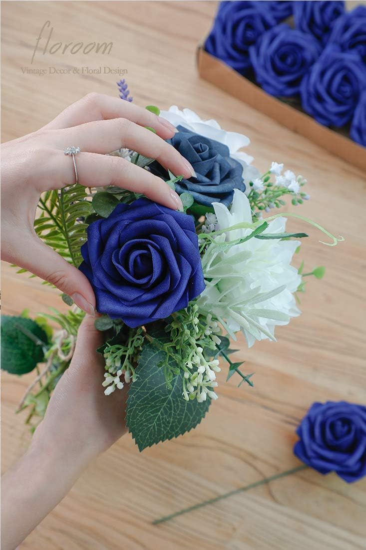Floroom Artificial Flowers 25pcs Real Looking Royal Blue Foam Fake Roses with Stems for DIY Table Centerpieces Party Home Decorations