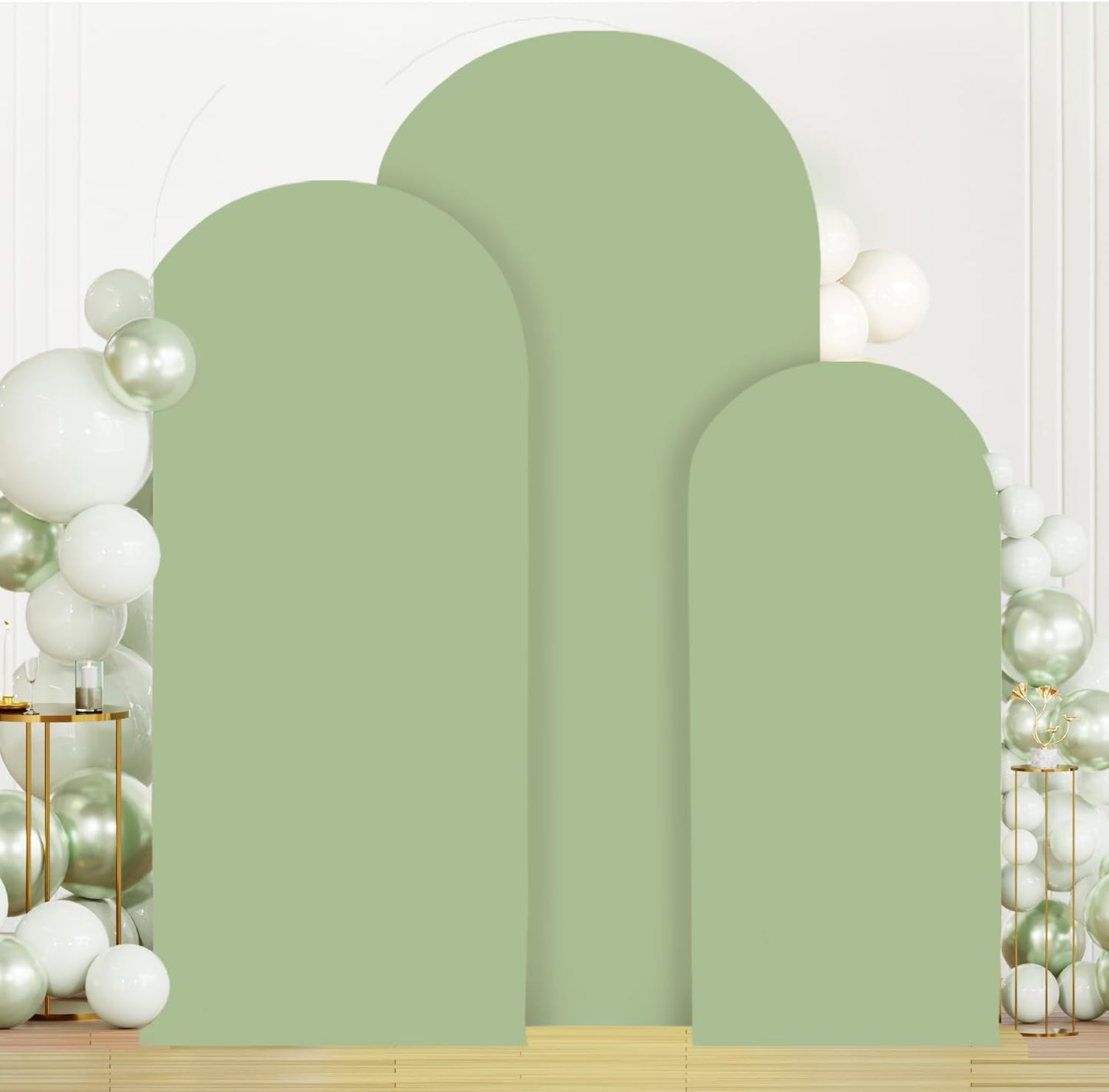 MODFUNS Arch Backdrop Stand and Cover Set Gold Wedding Arch Frame 4&5&6ft Sage Green Arches Backdrop Cover Set of 3 Metal Arched Stand with Covers for Party Baquet Reception Backdrop Decor