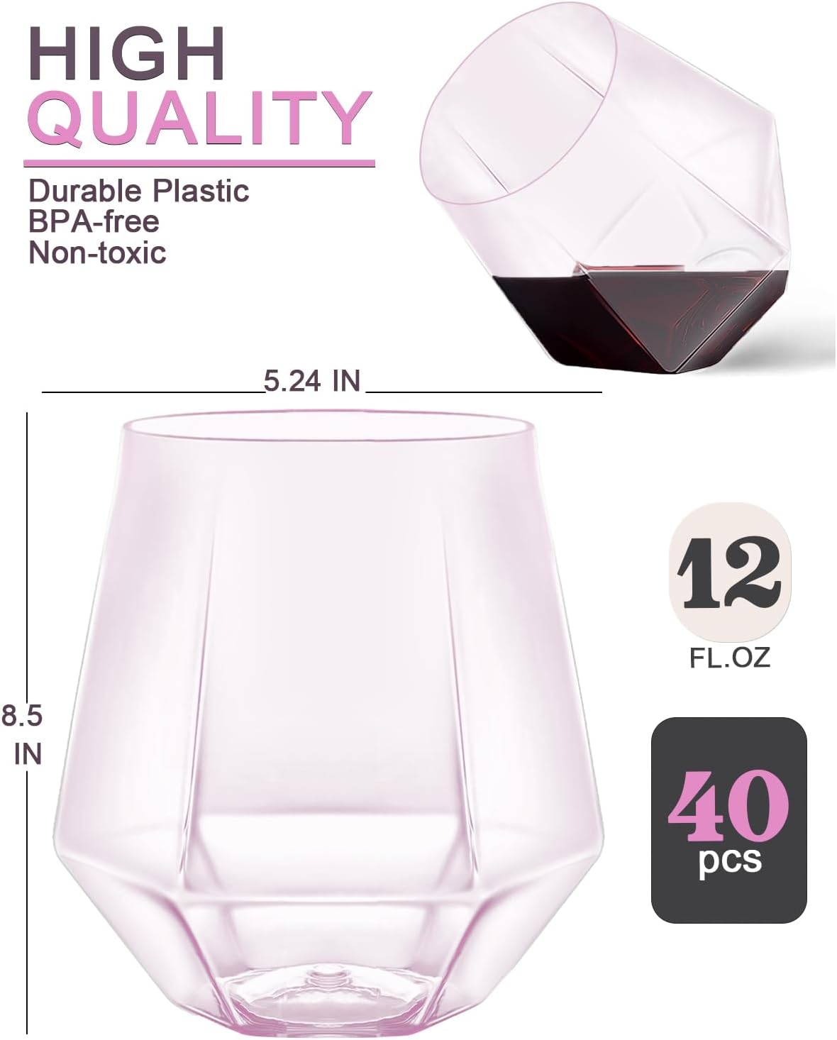 40 Pcak Plastic Stemless Wine cocktail Whiskey Champagne Glasses, 12 Oz Disposable Unbreakable Cups for Party Bars Wedding Tasting (Pink)