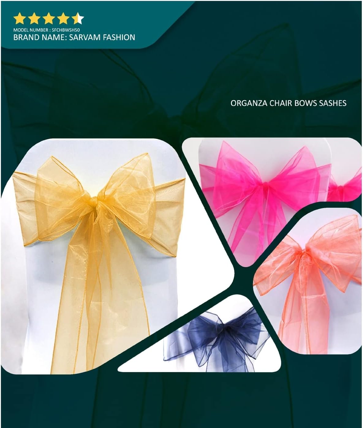 Organza Chair Bow Sash Décor Bows Sashes for Wedding Reception Events Banquets Decoration - (Pack of 25, Apple Red)