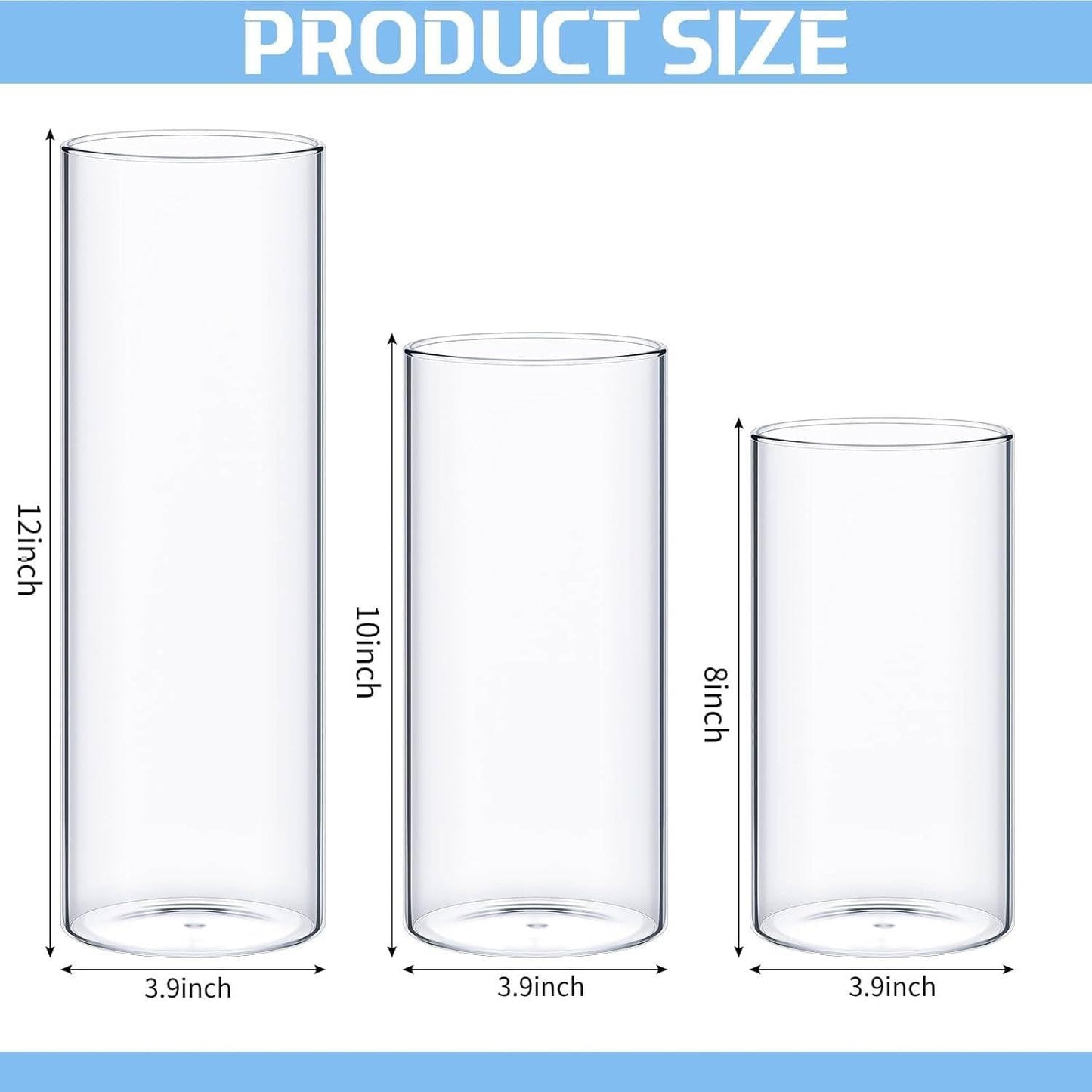 Sawysine 6 Pcs Glass Cylinder Vases 2.5''/2.95''/3.9'' Diameter Clear Flowers Vase Hurricane Floating Candles Holders for Table Centerpieces (3.9 x 8 in,3.9 x 10 in,3.9 x 12 in)