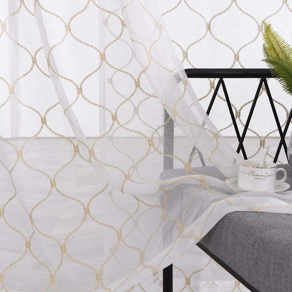 MYSTIC-HOME Embroidery Gold Sheer Curtains 84 Inches Long, Rod Pocket Sheer Drapes for Living Room, Bedroom, 2 Panels, 52"x84", Semi Crinkle Voile Window Treatments for Yard, Patio, Villa, Parlor.