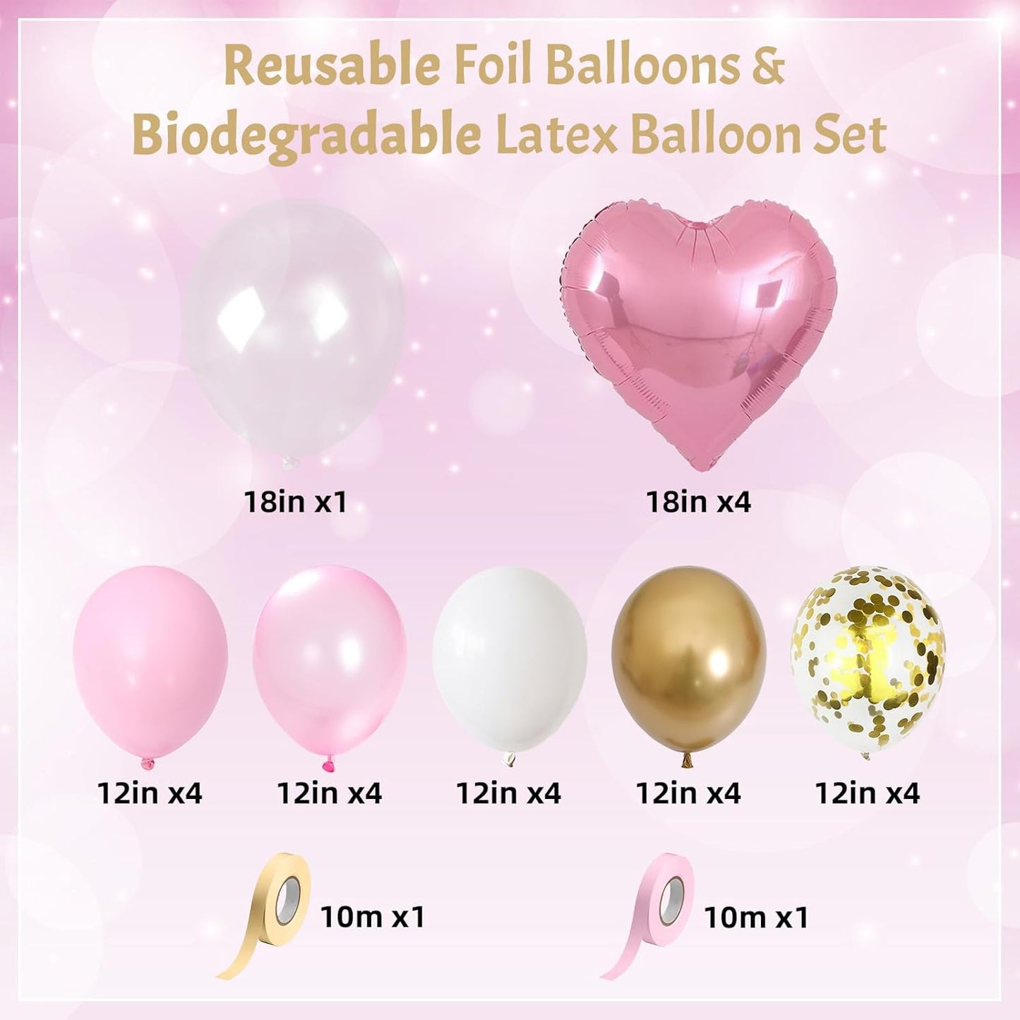 Light Pink and Gold Balloons Heart Shape Balloons, Pastel Baby Pink and White Party Decorations with Metallic Gold Confetti Balloon, 18 in Clear Heart Mylar Balloon for Princess Girls Birthday Decor