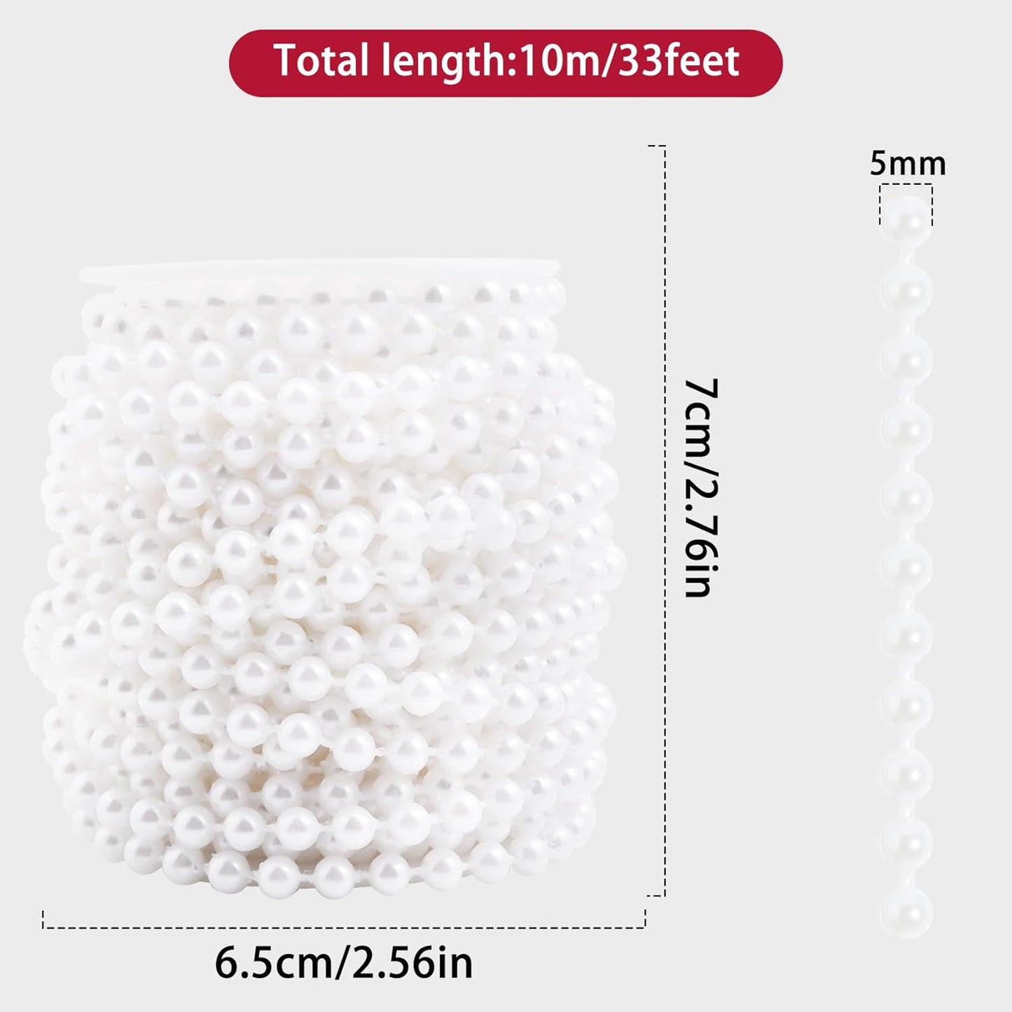 Pearls String Beads 33 Feet Crafts Faux Pearl Roll for Christmas Garland Flowers Wedding Party Jewelry Decoration(5mm White)