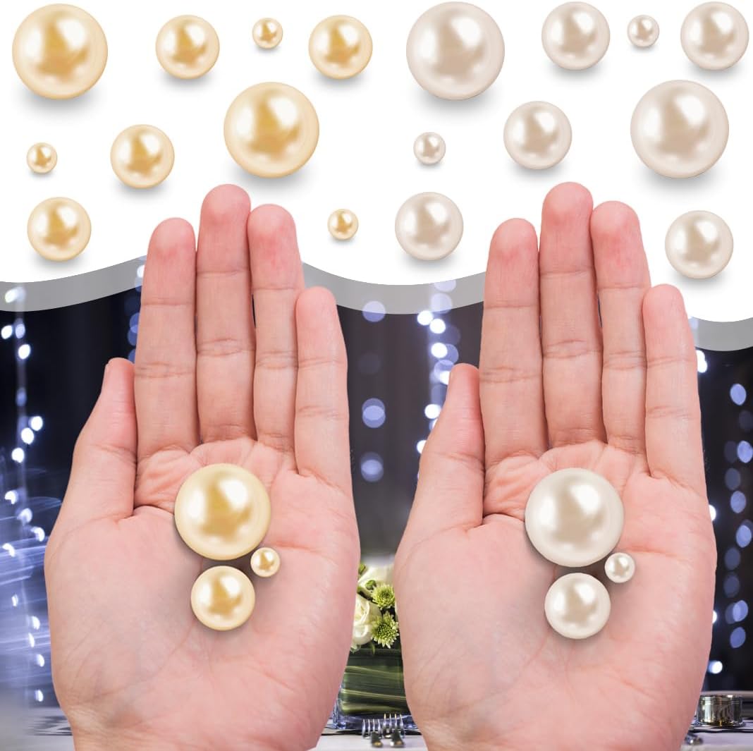 150Pcs Cream&Gold Polished No Hole Faux Pearl Beads for Vase Filling Decorations, Plastic Pearls Vase Fillers, Table Scatters, Wedding Centerpiece, Home Decor, 8/14/20 mm