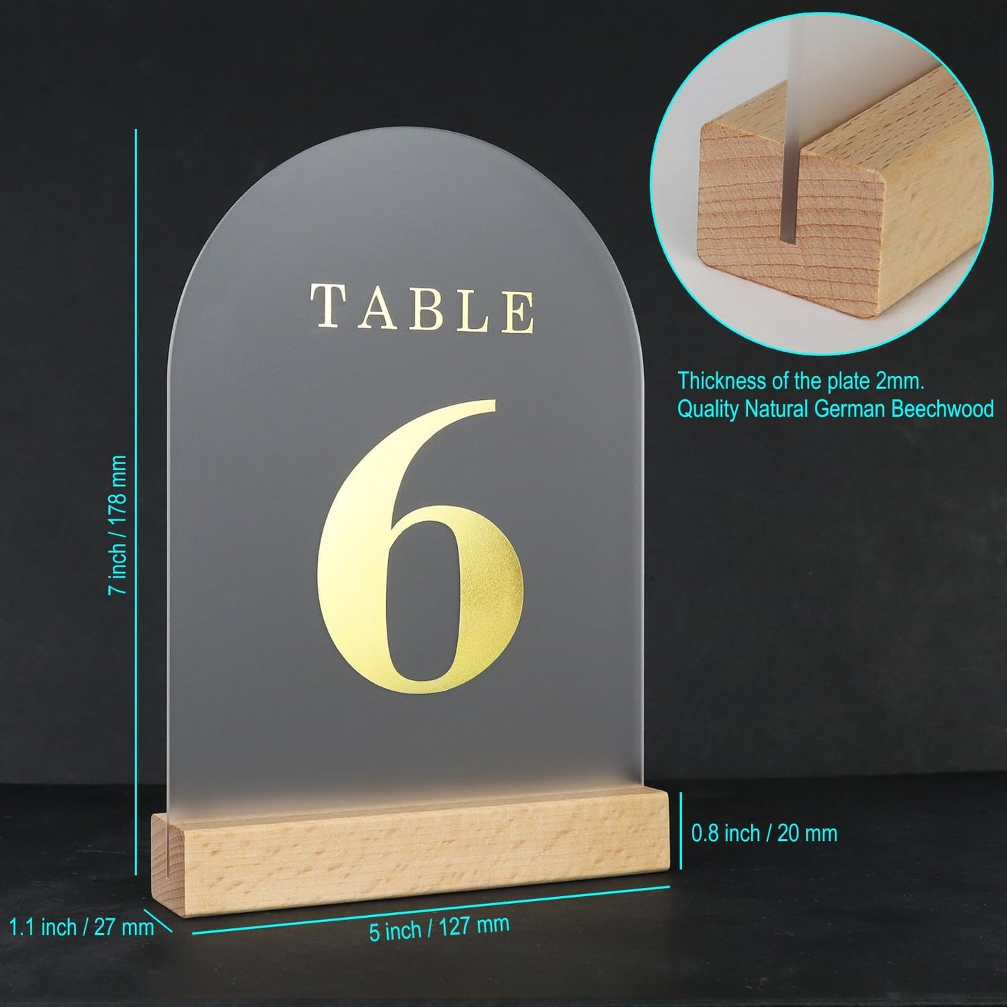 Wedding Table Numbers 1-10, Acrylic Arch Signs with Natural Wood Stands Holders, Rustic Table Decor for Reception & Parties (Frosted Gold)