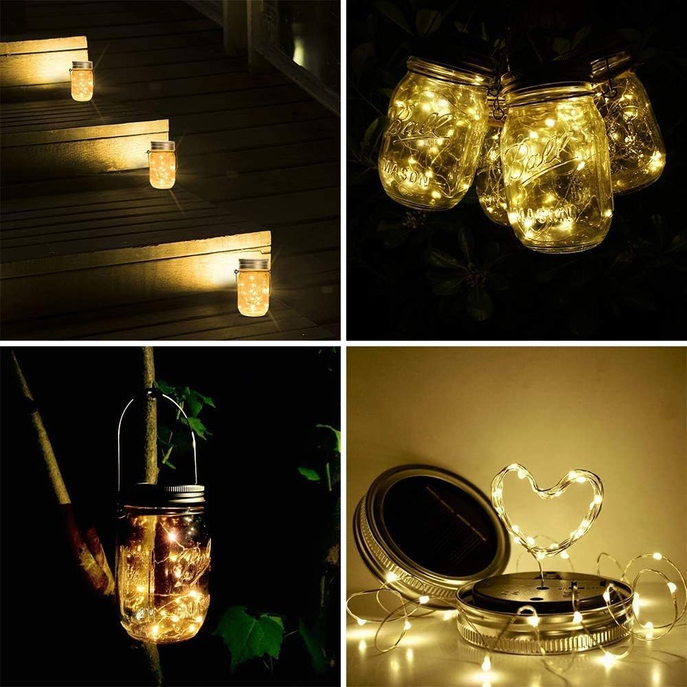 SunKite Solar Mason Jar Lights(NO Jars), 12 Pack 30 LED Waterproof Fairy Firefly Jar Lids String Lights with Hangers, Patio Yard Garden Wedding Decoration - Warm White