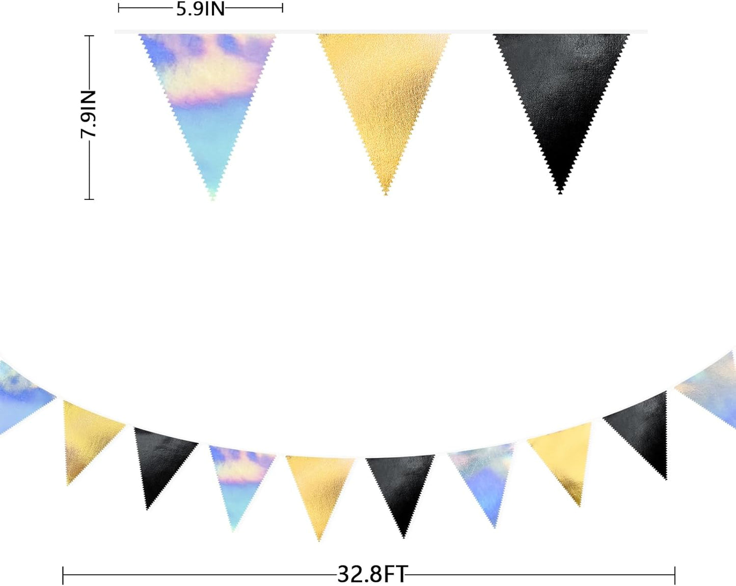 Black Gold Iridescent Party Decorations Triangle Pennant Banner Flag Metallic Fabric Bunting for Birthday Graduation Retirement Wedding Bridal Shower Engagement Bachelorette Disco Party Supplies