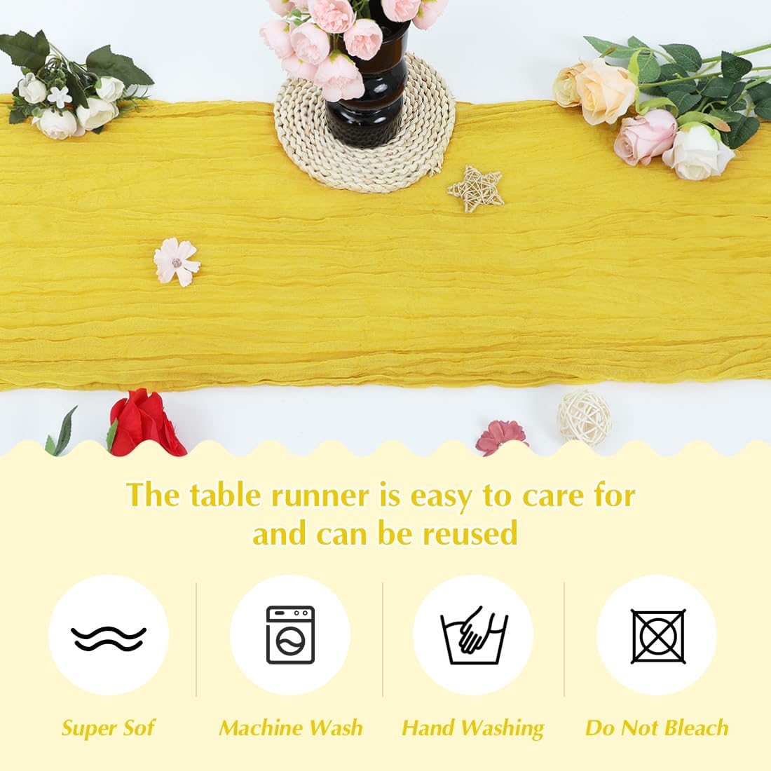 Yellow Cheesecloth Table Runner -21*120Inch Long Boho Wedding Table Decor, Rustic Gauze Fabric Runner for Bridal Showers, Baby Showers & Parties (Sheer, Lightweight, Wrinkled Design)