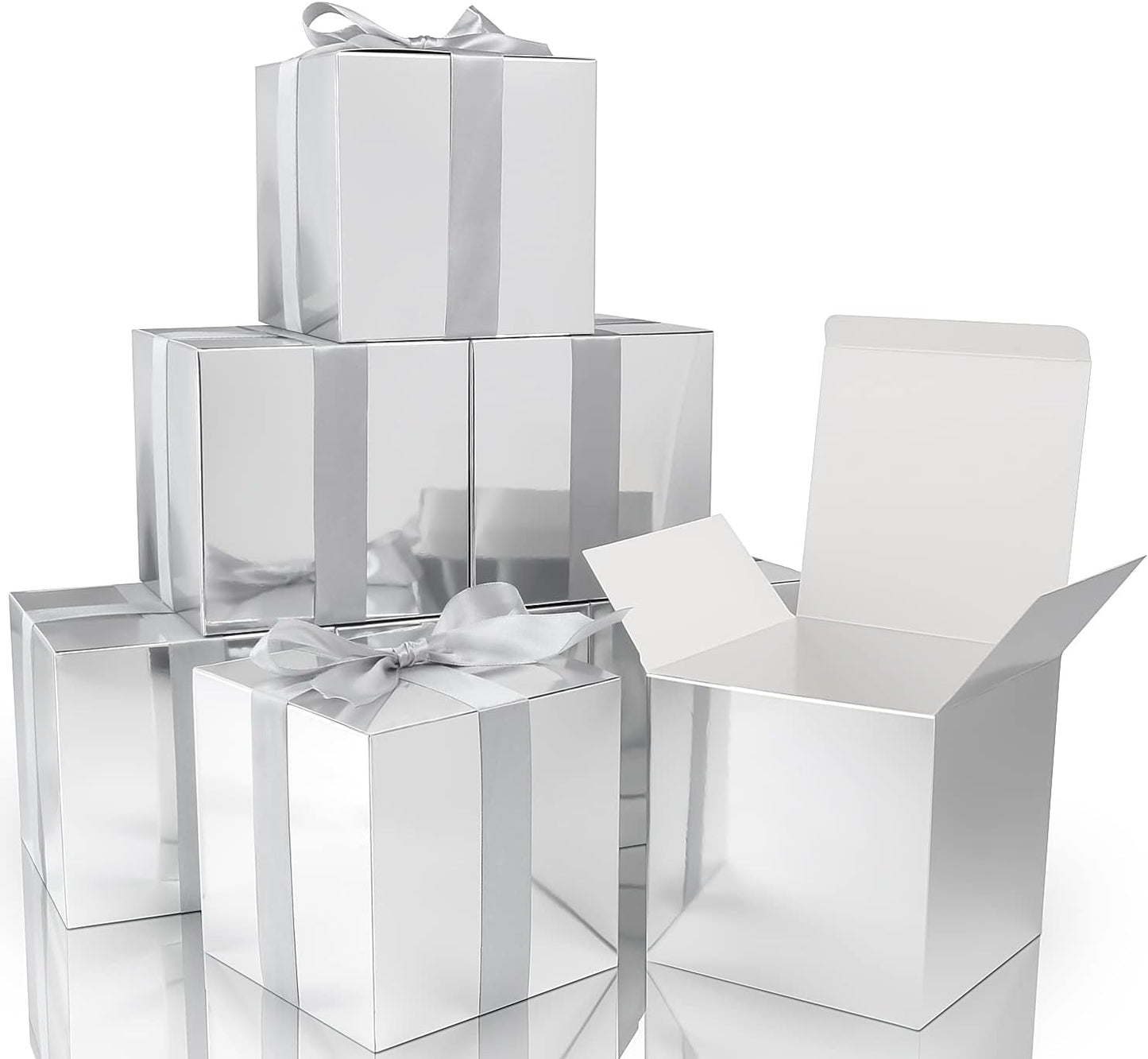COTOPHER Small Gift Boxes 25 Pack 6x6x6 inches Silver Gift Boxes with Lids for Gifts, Crafting, Wedding Party Favor, Cupcake Boxes, Candy, Bridesmaids Proposal Box with Ribbons and Stickers