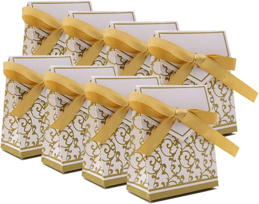 KUPOO 50PCS Candy Boxes,Gold Ribbon Wedding Favor Boxes Candy Bag Cake Box for Wedding Party Decoration Easter (gold)