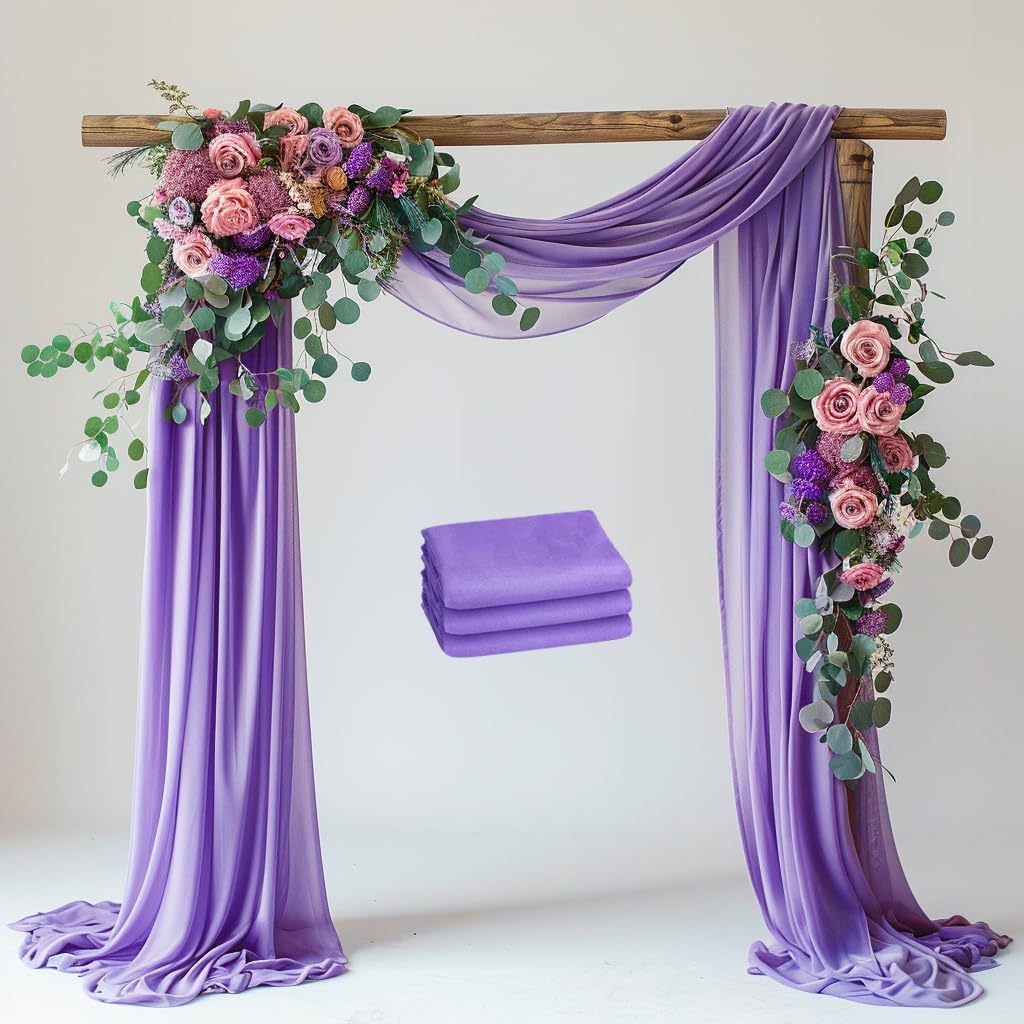 Wedding Arch Draping Fabric 3 Panels 28.7" x 20FT Lavender Purple Sheer Chiffon Backdrop Drapes for Wedding Ceremony Birthday Party Bridal Shower Outdoor Decoration