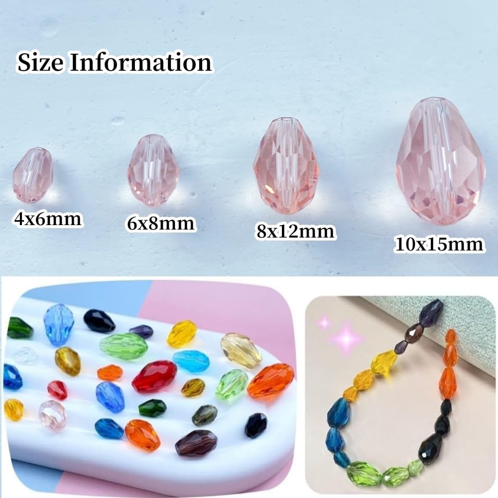 130pcs 6x8mm Teardrop Crystal Glass Beads Vertical Hole Faceted Glass Teardrop Spacer Beads for Bracelets Necklace Earring DIY Jewelry Making Craft(Pink)