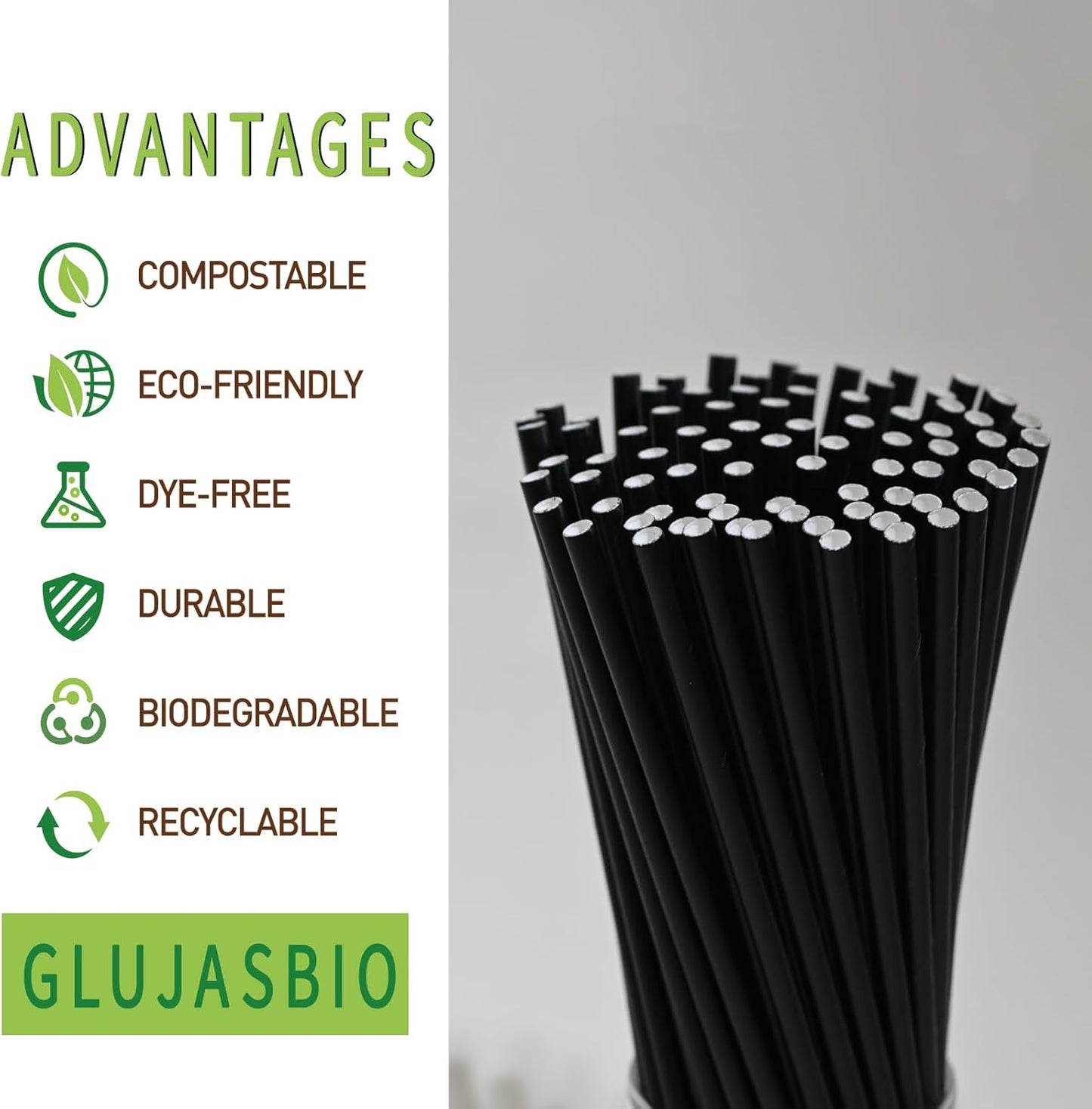 Black Disposable Drinking Straws - Biodegradable Cocktail Paper Straws for Party, Restaurants, Weddings, 7.75"x0.24", 100 Bulk