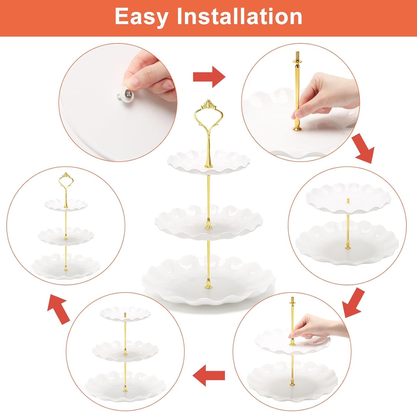 Coitak 3 Tier Cupcake Stand, Plastic Tiered Serving Stand, Dessert Tower Tray for Tea Party, Baby Shower and Wedding (Wavy-Metal Rod)