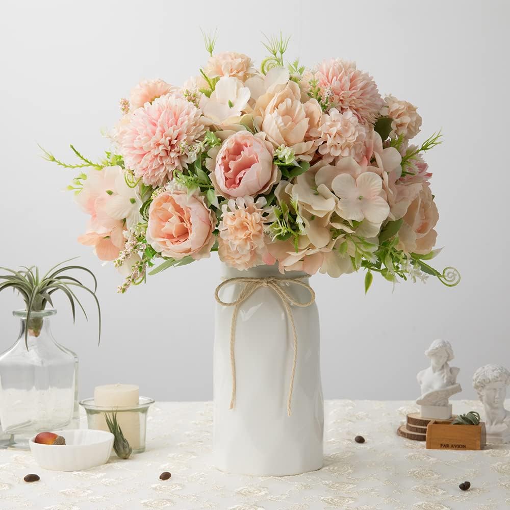 LESING Artificial Peony with Vase Silk Flowers Bouquets Fake Hydrangea Bulks for Home Table Centerpieces Wedding Decoration(Pink-1)