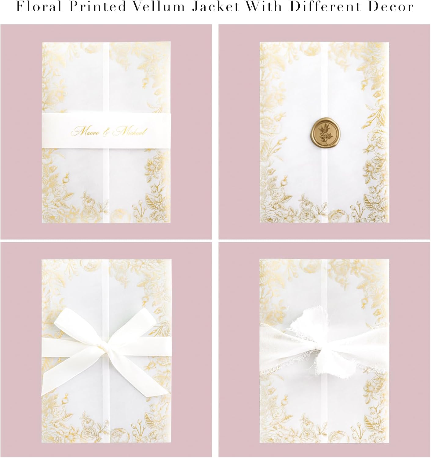 PONATIA 50 PCS Vellum Jackets for 5x7 Invitations- 135gsm Gold Foil Print Floral Printed Vellum Sleeves, Quinceanera Wedding Invitation Cards Wraps, Transparent Christmas Gift Cards Jackets