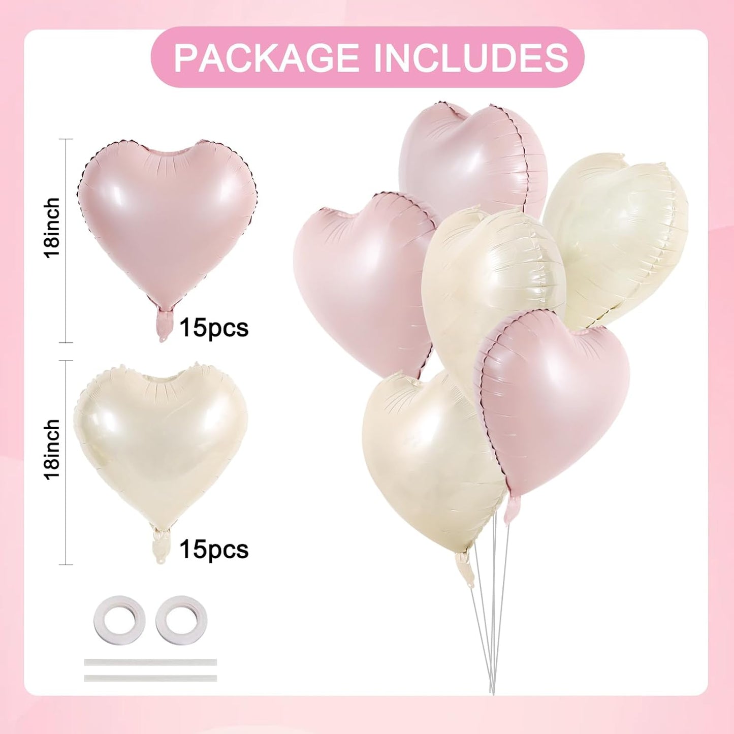 TONIFUL 30Pcs 18 Inch Pastel Pink Cream White Heart Balloons Valentine’s Day Heart Shape Foil Mylar Balloons Decoration for Valentine's Day Wedding Bridal Shower Anniversary Engagement Party Supplies