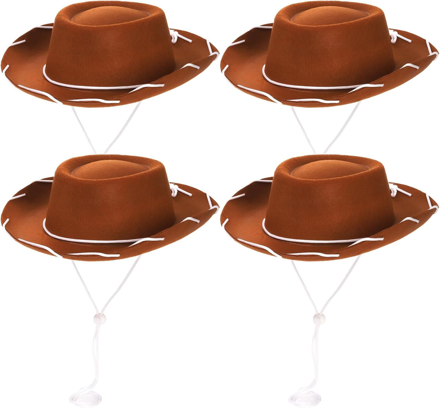 Peohud 4 Pack Felt Cowboy Hat, Small Western Cowgirl Hat, Wide Brim Cowboy Hat with Neck Drawstring, Cosplay Costume Accessories for Halloween Dress Up Party Brown