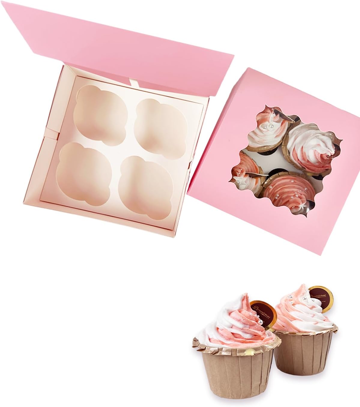 Bakepacker Auto-pop up 4 Cupcake Boxes with Window 20 Count Pink Box 6.3 x 6.3 x 3inch Cupcake Carrier