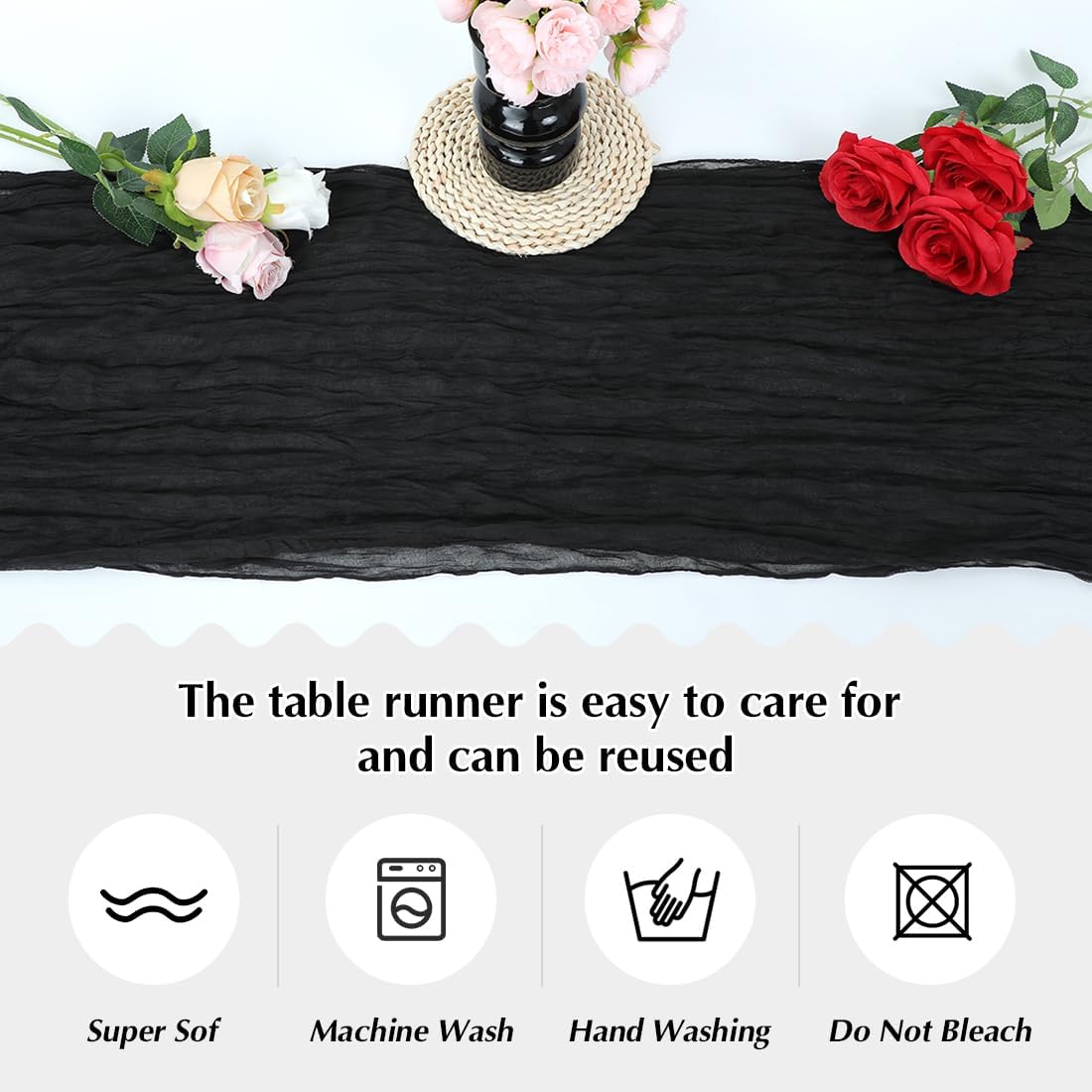 Black Cheesecloth Table Runner -21*120Inch Long Boho Wedding Table Decor, Rustic Gauze Fabric Runner for Bridal Showers, Baby Showers & Parties (Sheer, Lightweight, Wrinkled Design)