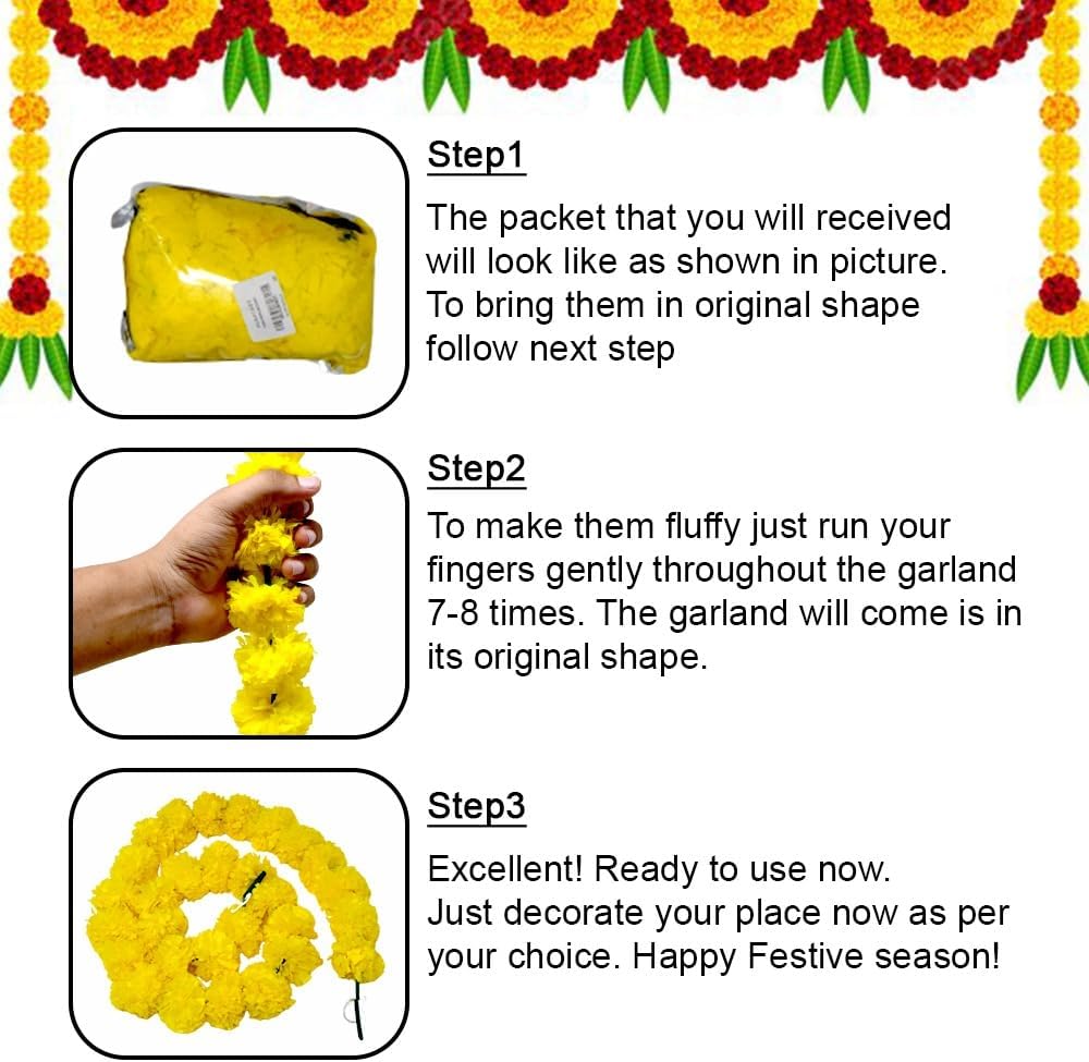 Artificial Marigold Flowers Garland for Diwali Decoration, American Wedding Party, Mantle Decoration, Faux Garlands, Wedding Garland, Spring Bush Floral - 5 String - (Yellow | 4 to 4.5 ft) Hashcart®