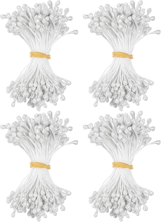 600-Pack Flower Stamens for Crafts, 5mm Double Heads Artificial Pearl Floral Pistil Mini Flower Pollens Stamens for DIY Making/Wedding/Scrapbook Decoration [White]