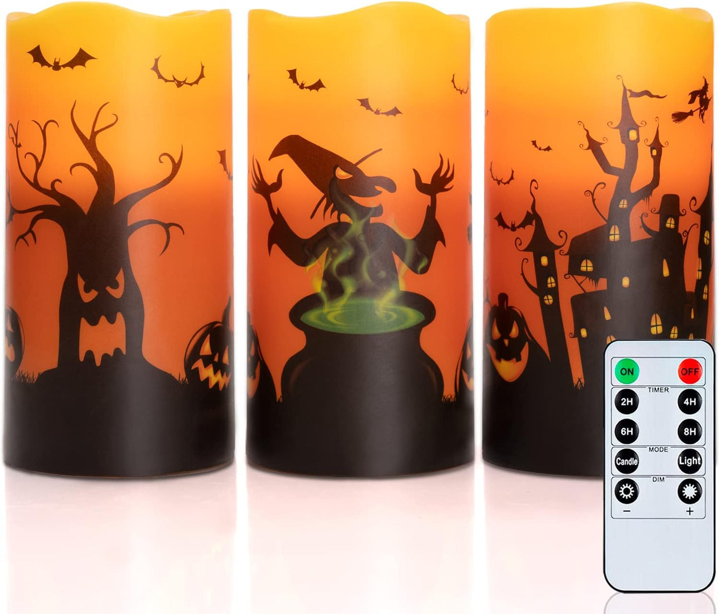 Homemory Halloween Candles, Orange Flameless Candles, Real Wax Flickering Battery Operated LED Pillar Candles with Remote Timers for Halloween Spooky Decoration, Day of The Dead, 3”x6”, Set of 3