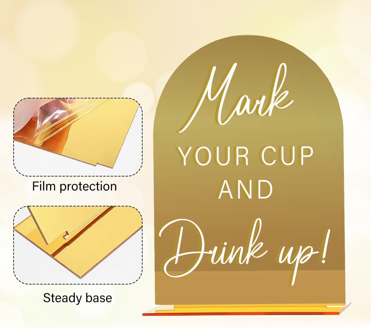 Acrylic Wedding Sign, Bridal Shower Decorations, Mark Your Cup and Drink Up Sign for Ceremony, Modern Font Table Signs, Gold Mirror Arched Acrylic Tabletop Signs for Wedding Reception and Event Party
