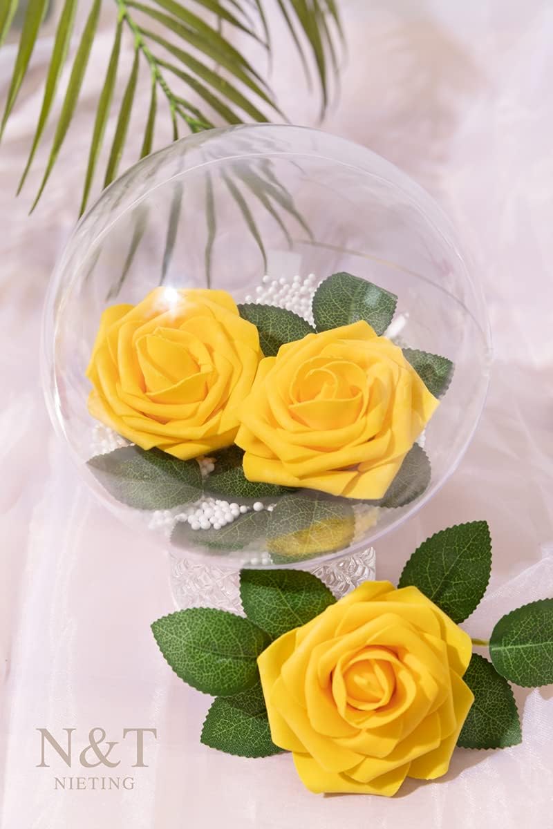 N&T NIETING Artificial Flowers, 25Pcs Fake Flowers Fall Roses Perfect for DIY Wedding Bouquets Centerpieces Bridal Shower Party Home Flower Arrangement Decorations, Gold